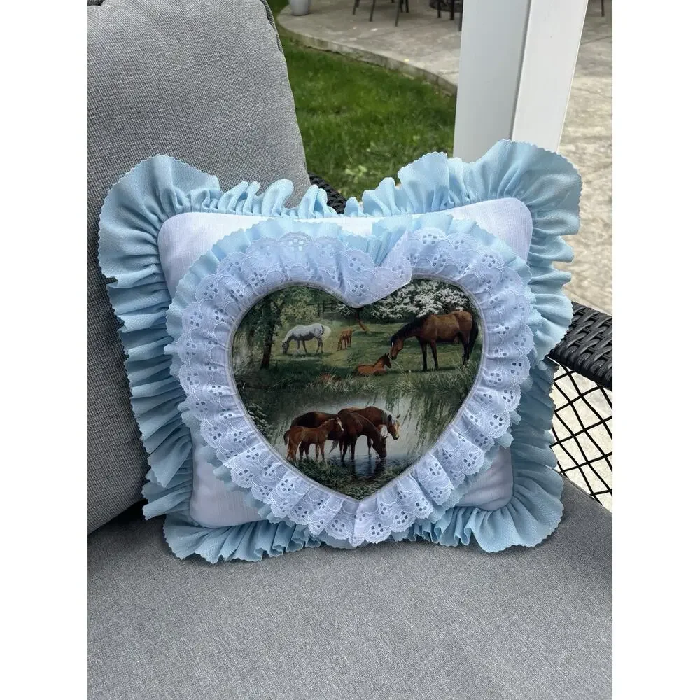 2 Vintage Ruffled Horse Throw Pillows Equestrian Pony Western 12